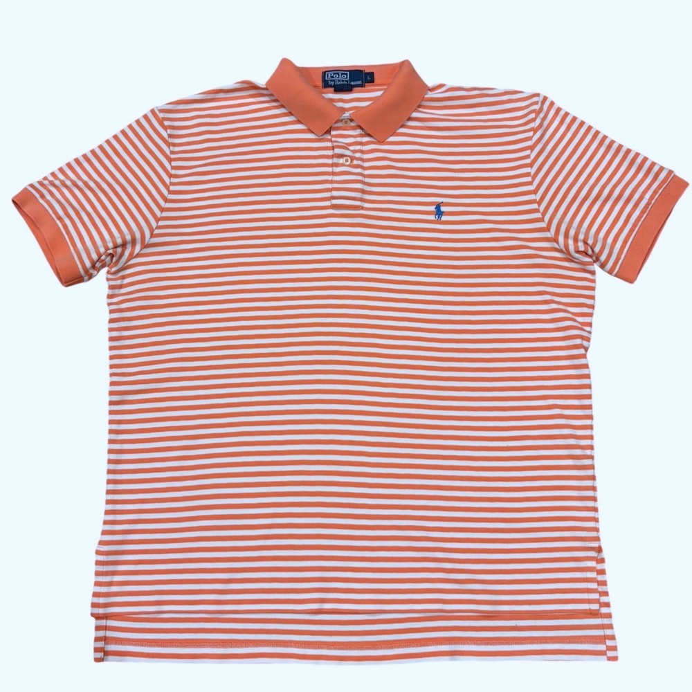 Vintage Polo Ralph Lauren Mens Large Peach White Striped Cotton Polo Shirt